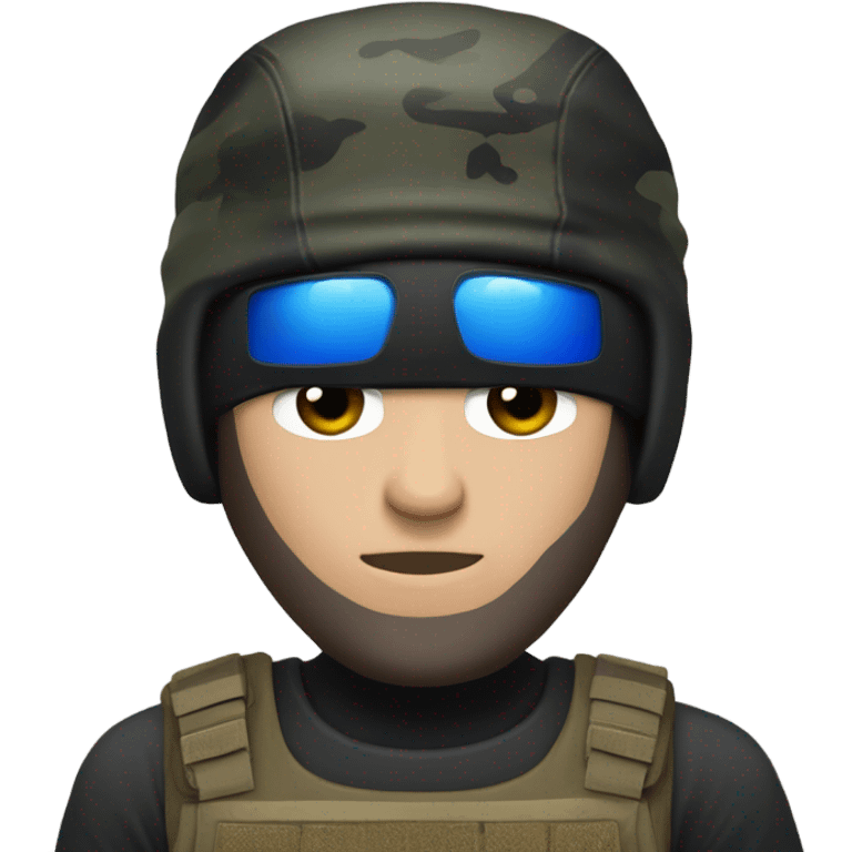 White male, call of duty black mask, camo tactical gear, camo pants, combat boots, black beanie, blue eyes emoji