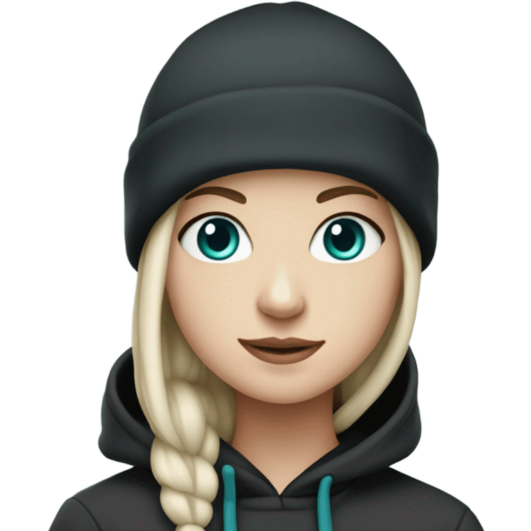 White girl, black hoodie, teal hair, purple beanie hat, blue eyes emoji