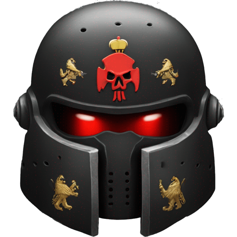 Black Space Marine helmet with red lenses, featuring the Russian coat of arms. emoji