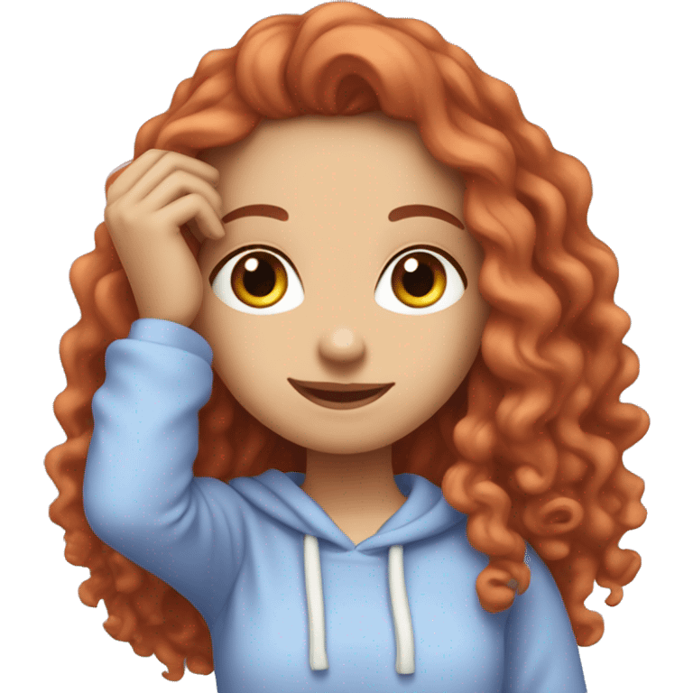 a white girl with long red curly hair, wearing a pastel periwinkle hoodie doing a pose emoji