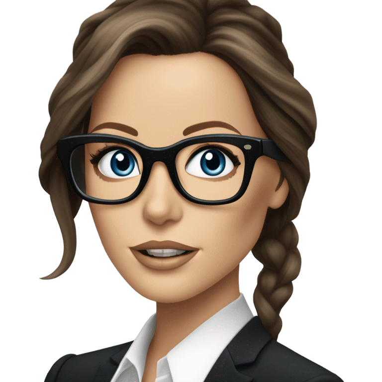 Hyper Realistic photo Kate Beckinsale blue eyes wearing glasses in a business meeting black dress emoji