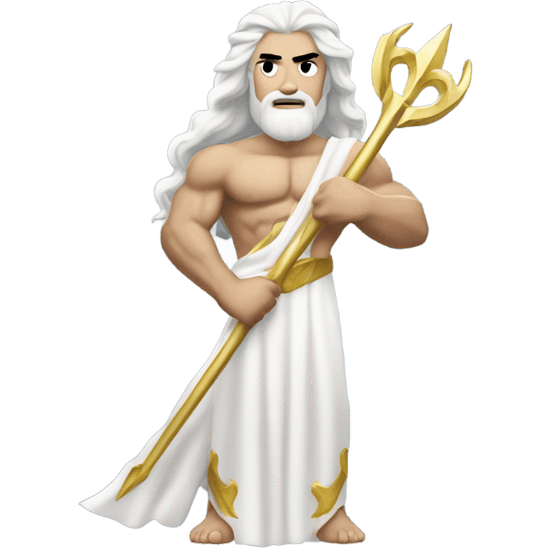 white Poseidon with gold Trident. long white hair white dress. show biceps emoji