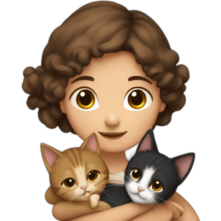 a young girl with brown hair and with two cats hugging her, one black and the other snowshoe emoji