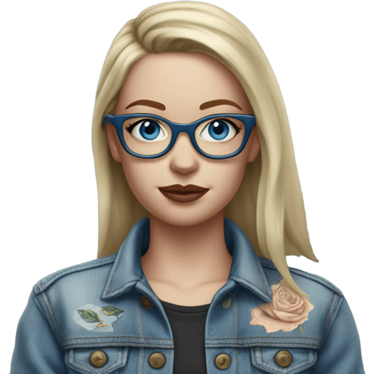 Hyper Realistic pale beautiful tattooed 3D woman with glasses and blue eyes wearing denim jacket emoji