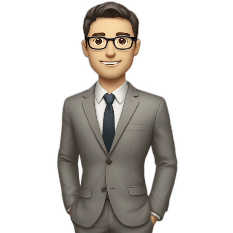 Full height Pale skinned Fit Man With dark brown hair in classic gray suit, beige office shirt, dark gray tie, and vintage glasses. His right hand is directed up emoji