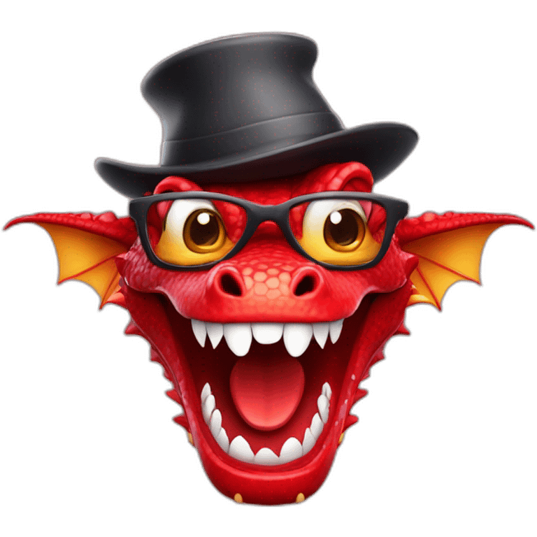 Crazy funny red dragon head with human white teeth and beautiful smile wearing glasses and hat emoji