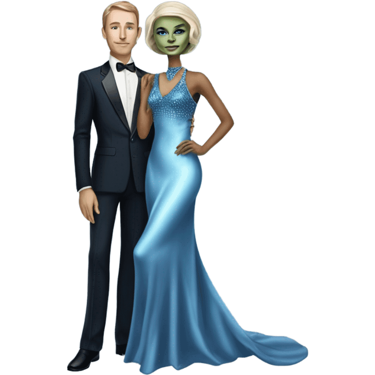 reptilian alien woman, in long slim pastel blue formal party satin dress with gradient shiny sparkling navy blue diamonds embroidered , and caucasian man in black dress emoji