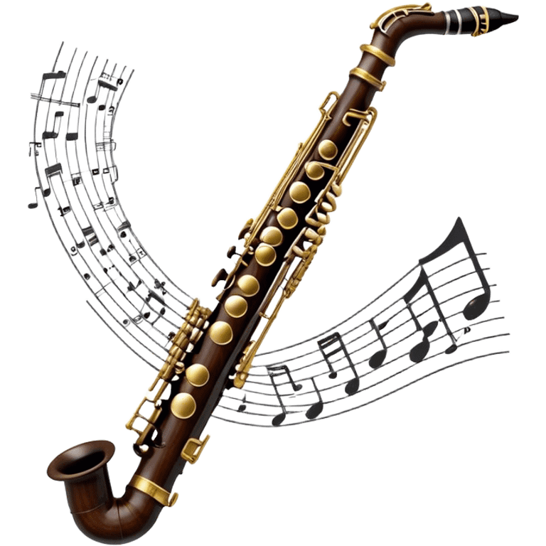 Create a detailed and unique emoji representing a clarinet with a saxophone-style mouthpiece. The design should feature the sleek, dark wood finish of the clarinet, with its shiny metal keys clearly visible, but at the top, include the large, curved mouthpiece typical of a saxophone. The mouthpiece should have a reed, similar to the one used in a saxophone, with subtle details to indicate its function. Use dark wood tones for the body of the instrument and silver or brass accents for the keys. Add small musical notes or soundwaves around the instrument to evoke its smooth, melodic sound. The background should be transparent emoji