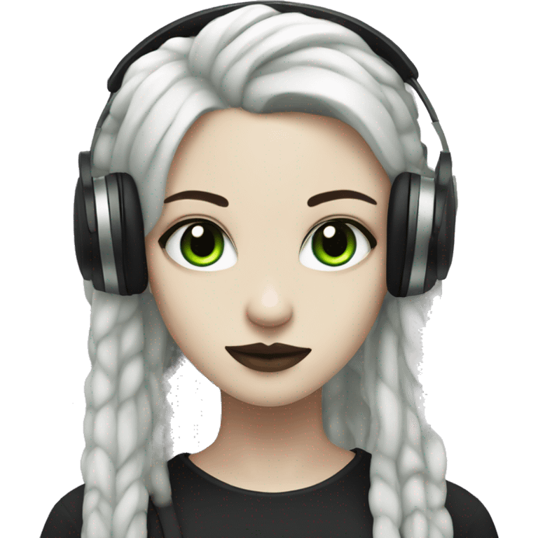 Goth girl with white skin, with green eyes, with black dreadlocks, with purple headphones  emoji