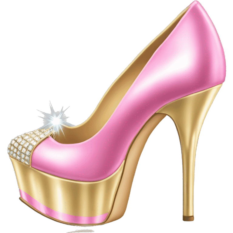 Realistic isolated top view of a pair of metallic light gold and metallic light bubblegum pink pointed toe high heel shoes with diamonds on the top of the toes. emoji