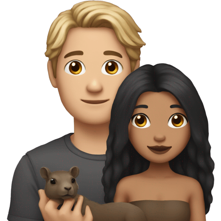 a woman with black long hair and just a black eyeliner with a little capybara puppett on his hand emoji