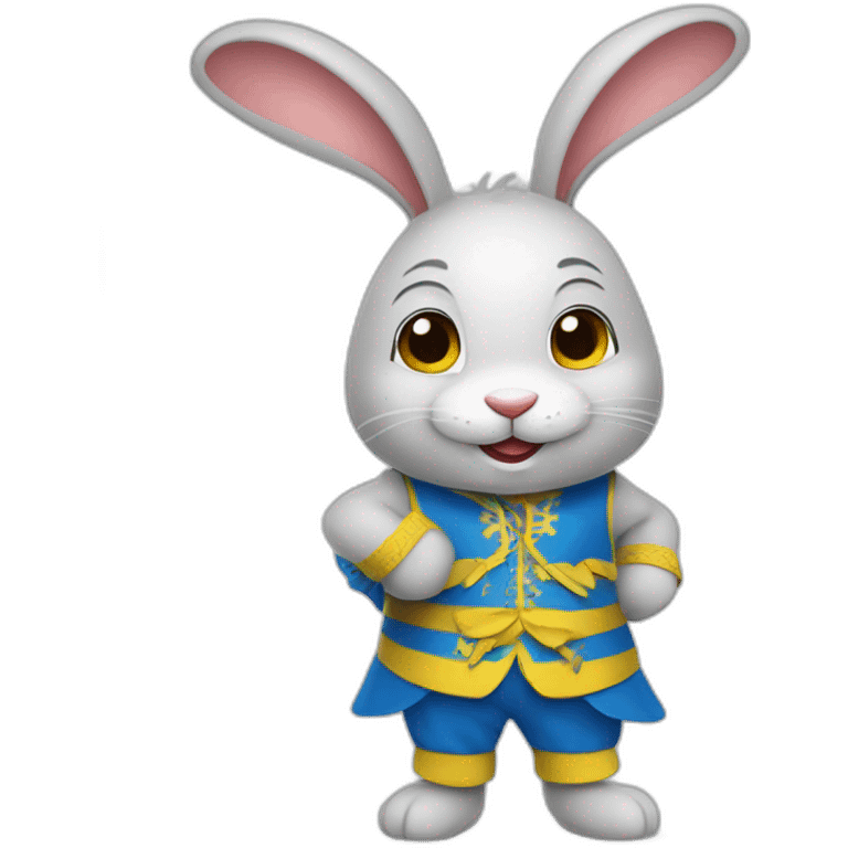 the rabbit is dressed in a costume in the color of the Ukrainian flag and smiles emoji