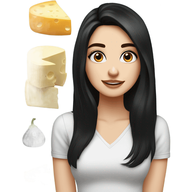 stunning blue eyed brunette girl with black hair surrounded by cheese emoji