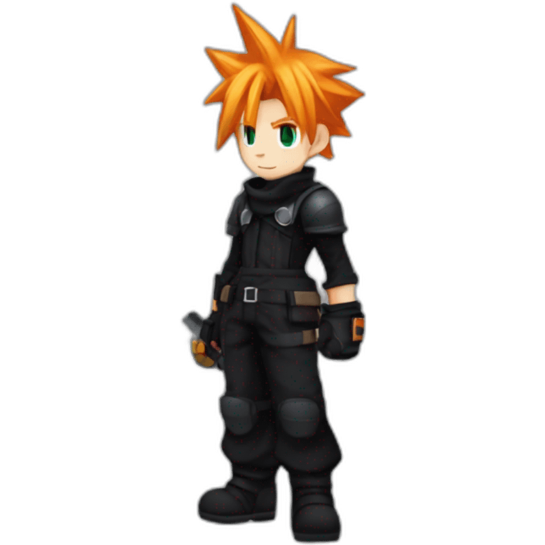 cloud strife with orange hair. Black clothes full body  emoji