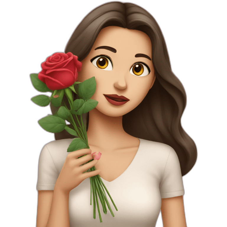 brunette girl smells  bouquet of roses emoji