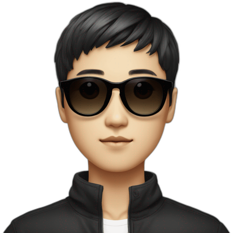 handsome korean boy with black Center Parting Bowl Cut hair wearing cool solid black sunglasses emoji