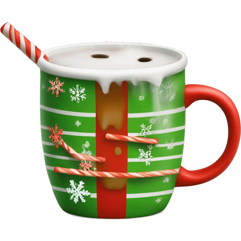 mugs with a hot drink decorated with snowflakes or a striped caramel stick. Steam rises from the mug in the shape of hearts. The color of the mug is warm red or green to convey the New Year mood emoji