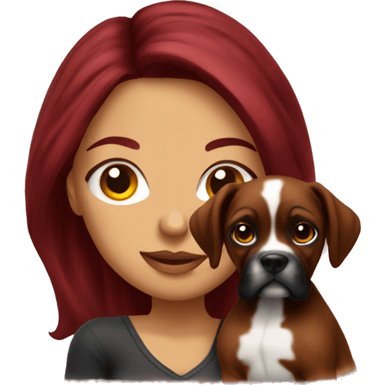 Beautiful tattooed  burgundy long haired woman holding a boxer puppy emoji