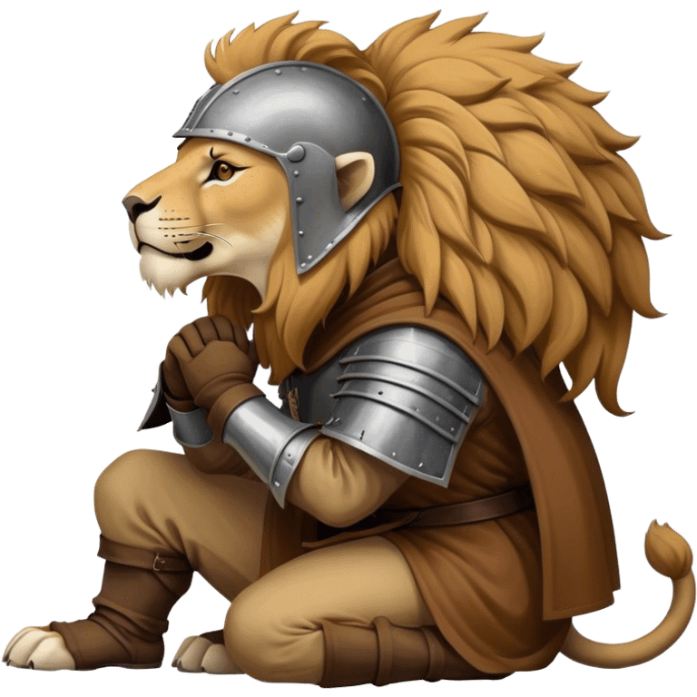 crouching lion in profile with medieval full face helmet emoji