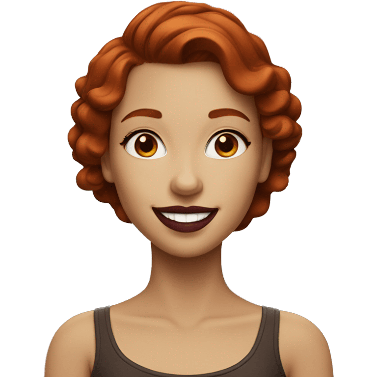 redhead girl with brown eyes and burgundy lipstick smiling emoji