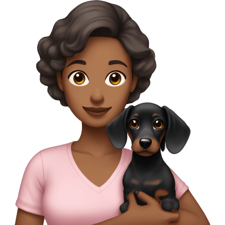 a brunette woman in a light pink shirt, with light skin, holding black dachshund puppy in her arms emoji