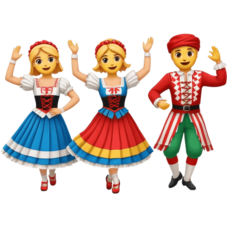 Cinematic Realistic Linđo Dance Emoji, depicted as a traditional Croatian folk dance with lively movements and colorful costumes, rendered with dynamic textures and vibrant festive lighting that captures its cultural vibrancy. emoji