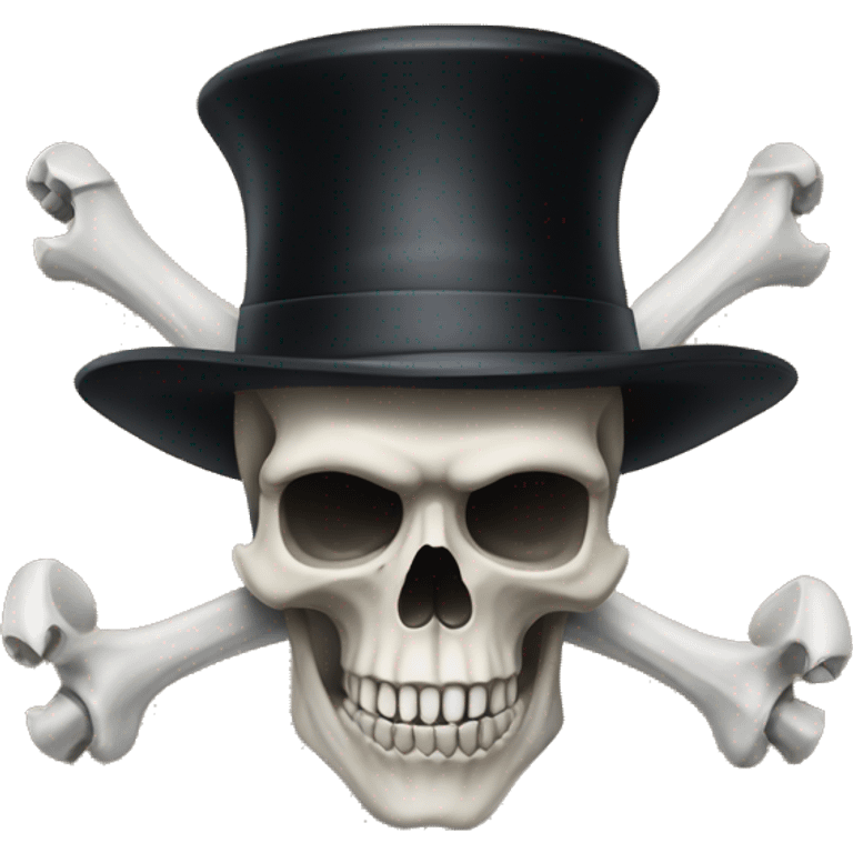 A skull face wearing a black hat with 2 bones in both hands of the skull. emoji