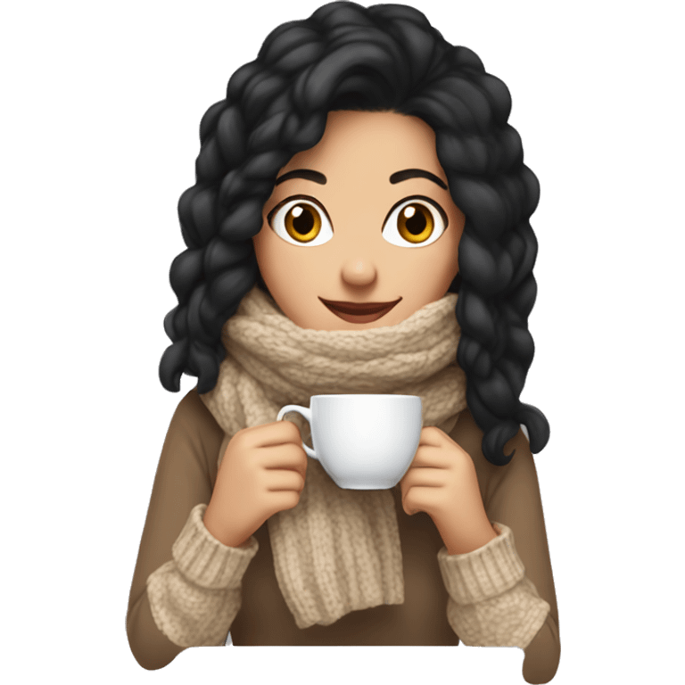 White girl black hair in a sweater and scarf sipping tea  emoji