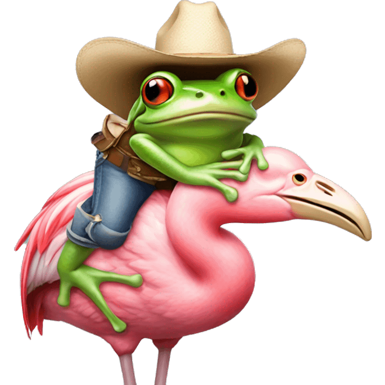 Frog on a flamingo wearing a cowboy hat emoji