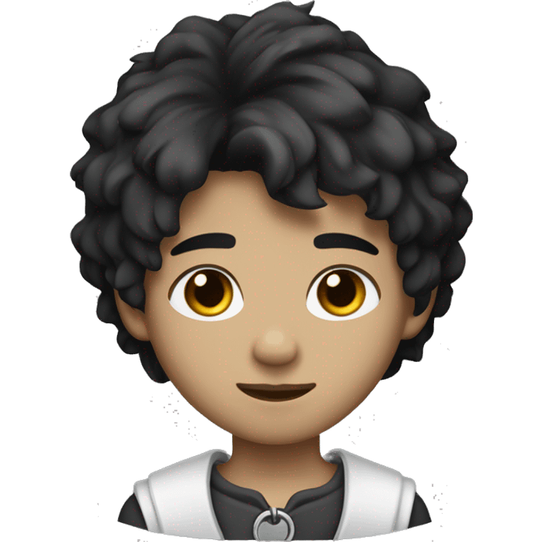 A boy with a wolf cut, dark black hair, white very skin, brown eyes and somewhat sharp eyes, with an earring in his left ear and a chain around his neck. emoji