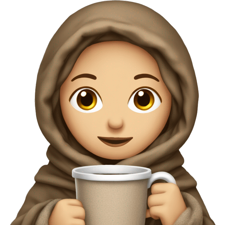 Caucasian Woman bundled up in blankets with hot chocolate  emoji