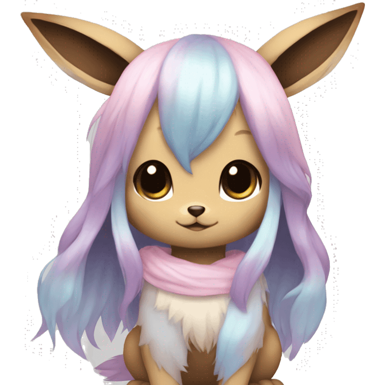 Kawaii Shiny Pastel Eevee with dark brown long emo hair covering her eyes Full Body emoji