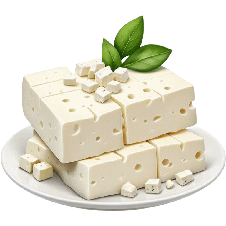 Feta Cheese Cinematic Realistic Feta Cheese Dish Emoji, depicted as slices of tangy, creamy feta cheese served on a plate, rendered with crisp textures and soft, natural lighting. emoji