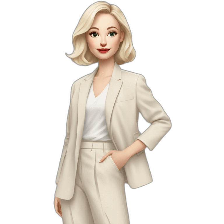 pale skin woman with ash blonde Straightened bob Hair, White Spacious classical jacket, beige palazzo Arrow pants and gray blouse holding a color palettes in the hands emoji