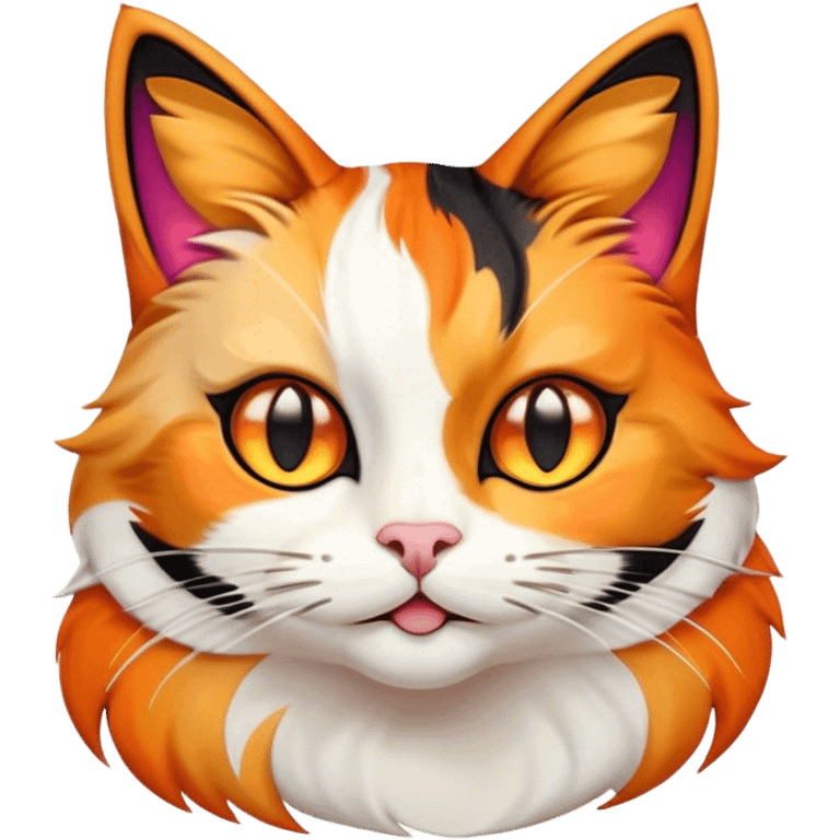 Cinematic Comical Calico Cat Portrait Emoji, Head tilted dramatically with an exaggeratedly surprised expression, showcasing a vibrant patchwork fur of orange, black, and white with wide, comically expressive eyes, simplified yet hilariously detailed, glowing with a sassy, golden radiance, high shine, exuding playful mischief and cheeky feline attitude, styled with a soft glowing outline, capturing the essence of a calico cat that looks ready to leap off the screen with mischievous flair! emoji