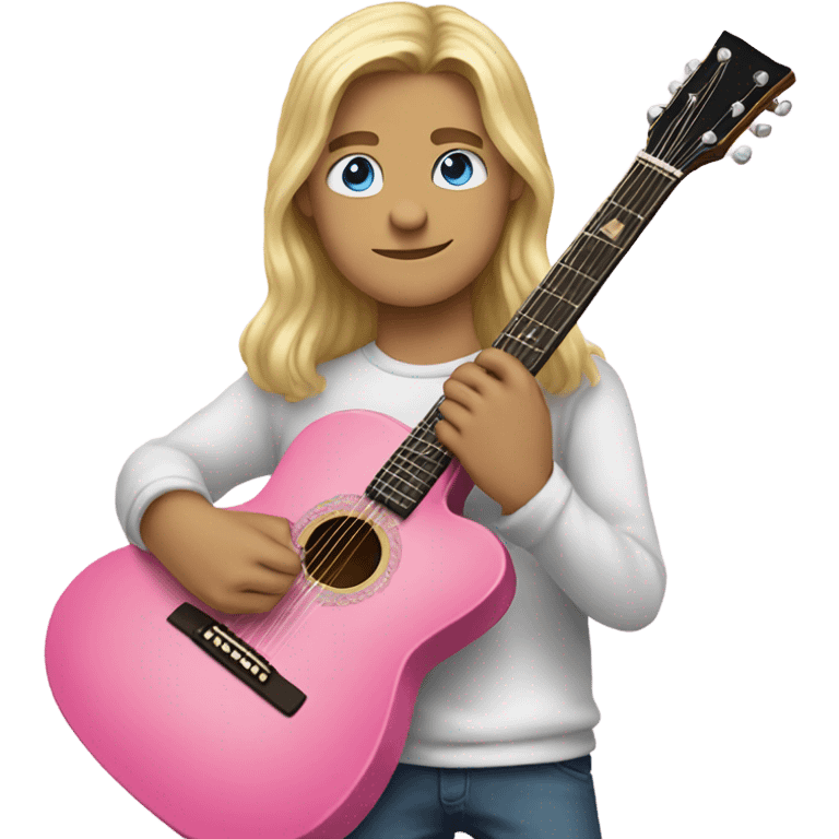 Boy with long blonde hair and blue eyes playing pink guitar  emoji