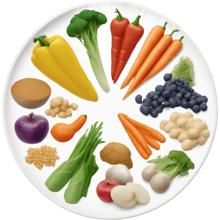 a large white round plate of realistic healthy food emoji