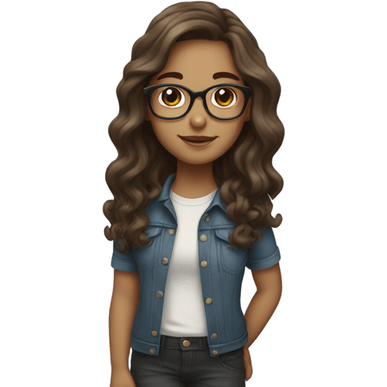 Girl with brown long wavy hair, glasses, brown eyes emoji