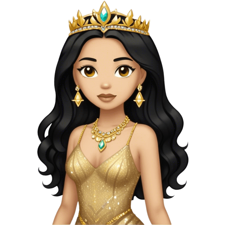 light skin woman with black long hair in gold sparkle dress with gold jewelry emoji