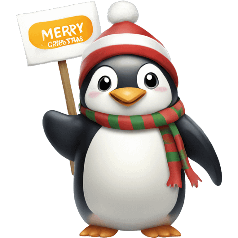 Penguin and rabbit holding merry Christmas sign emoji