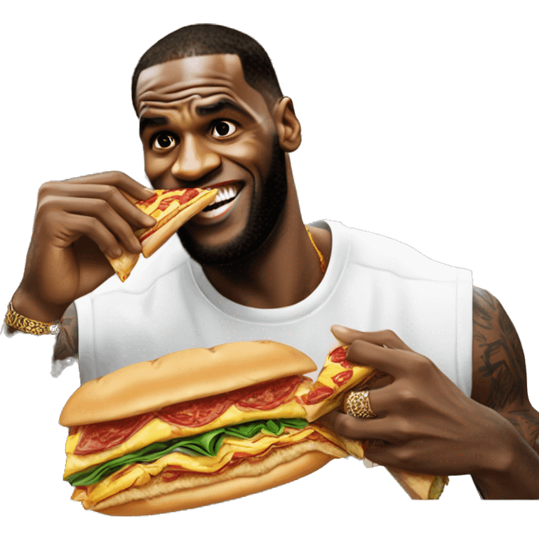 Lebron James eating a sandwich next to a pizza subway emoji