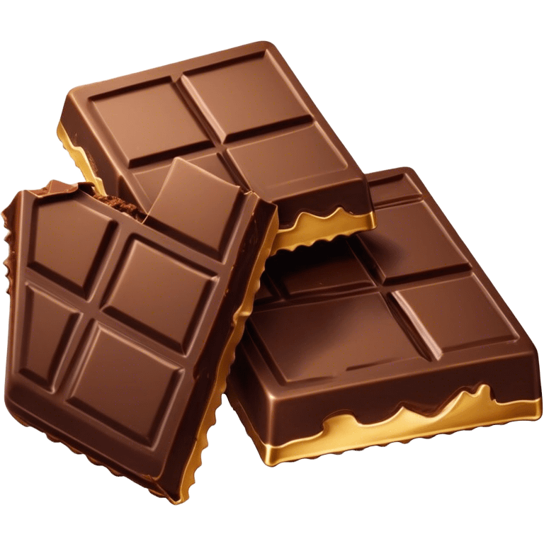 Cinematic silky dark chocolate bar, broken into perfect squares, rich cocoa tones, slightly melting edges, fine texture and decadent shine, warm golden highlights, tempting and rich. emoji