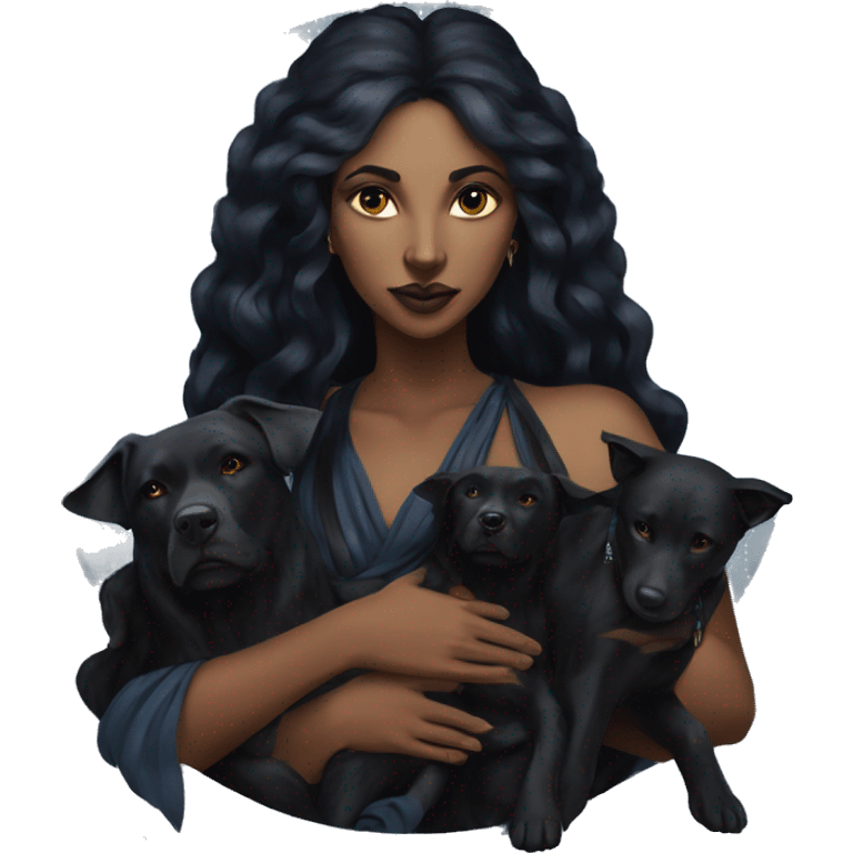 Hekate goddess of the night and magic- triple goddess black hair and two black dogs emoji