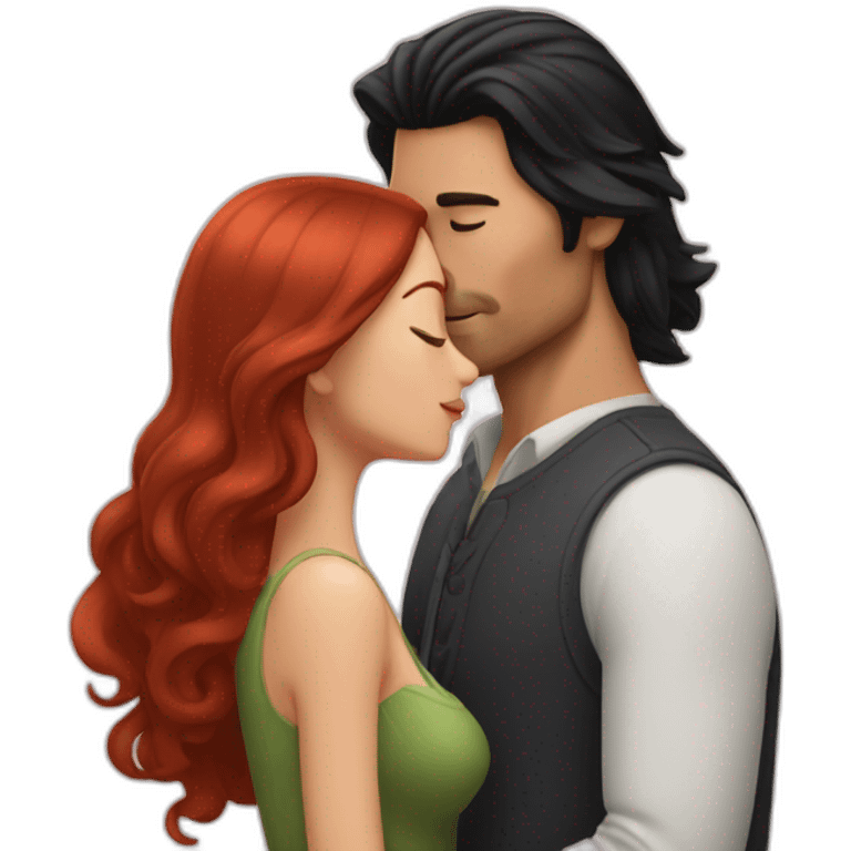 man with long black hair and no beard kissing with shorter long red-hair woman emoji