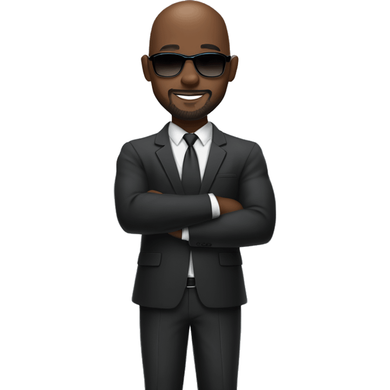 Smiling athletic bald attractive dark skin black man in proffessional suit with goatee and sunglasses crossing arms and standing sideways emoji