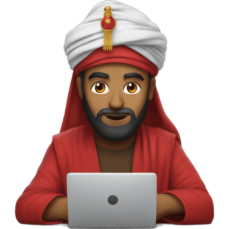 A caliph with turban and red clothes writing in a laptop emoji