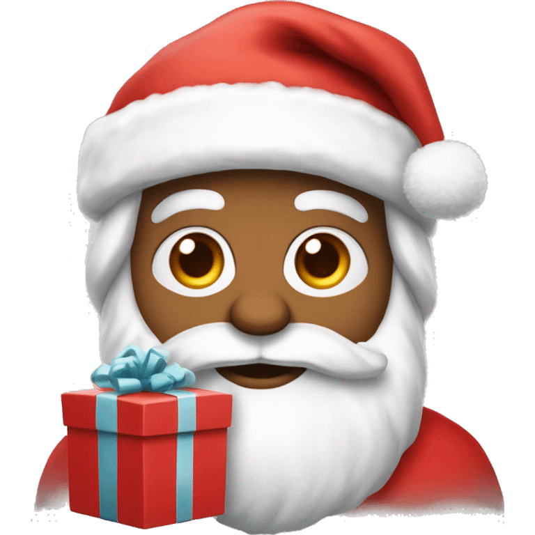 “An adorable full-body Santa in a red suit, fluffy white beard, rosy cheeks, big eyes, and a red hat with a white pom-pom, holding a small gift.” emoji