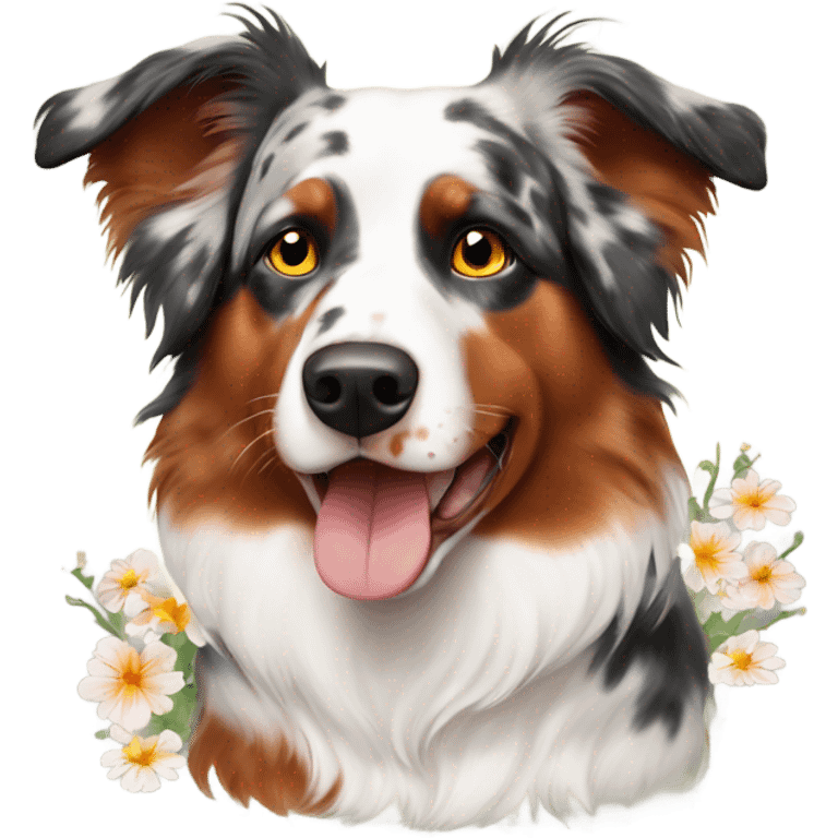 Red Merle Australian Shepard with flowers emoji