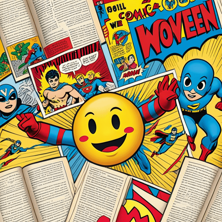 Create a vibrant emoji representing comic books and graphic novels as an art form. The design should feature a large, open comic book with vintage comic panels on the pages. Include a pencil (without a hand) gently writing text or sketching on the pages. The comic panels should have bold lines and retro-style artwork with classic comic book visuals. Use bright, energetic colors like red, yellow, and blue to evoke excitement and creativity. The overall design should feel dynamic, vintage, and artistic. Make the background transparent. emoji