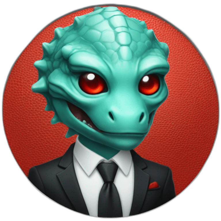 Aquamarine reptilian in classic black suite with red laser eyes on the middle of platinum coin emoji